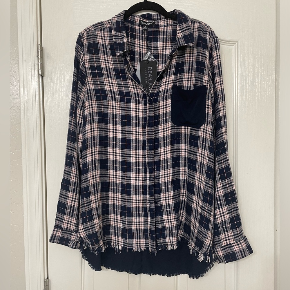 Dear John Navy Blue & Peach Button Up long Sleeve Top